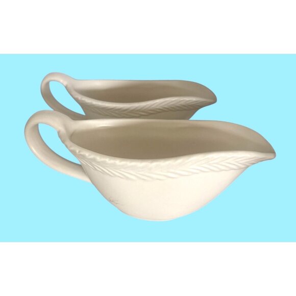 Bee & Willow Stoneware Gravy Boats Set Of 2 Cream Color Embossed Leaf Design - Picture 1 of 9
